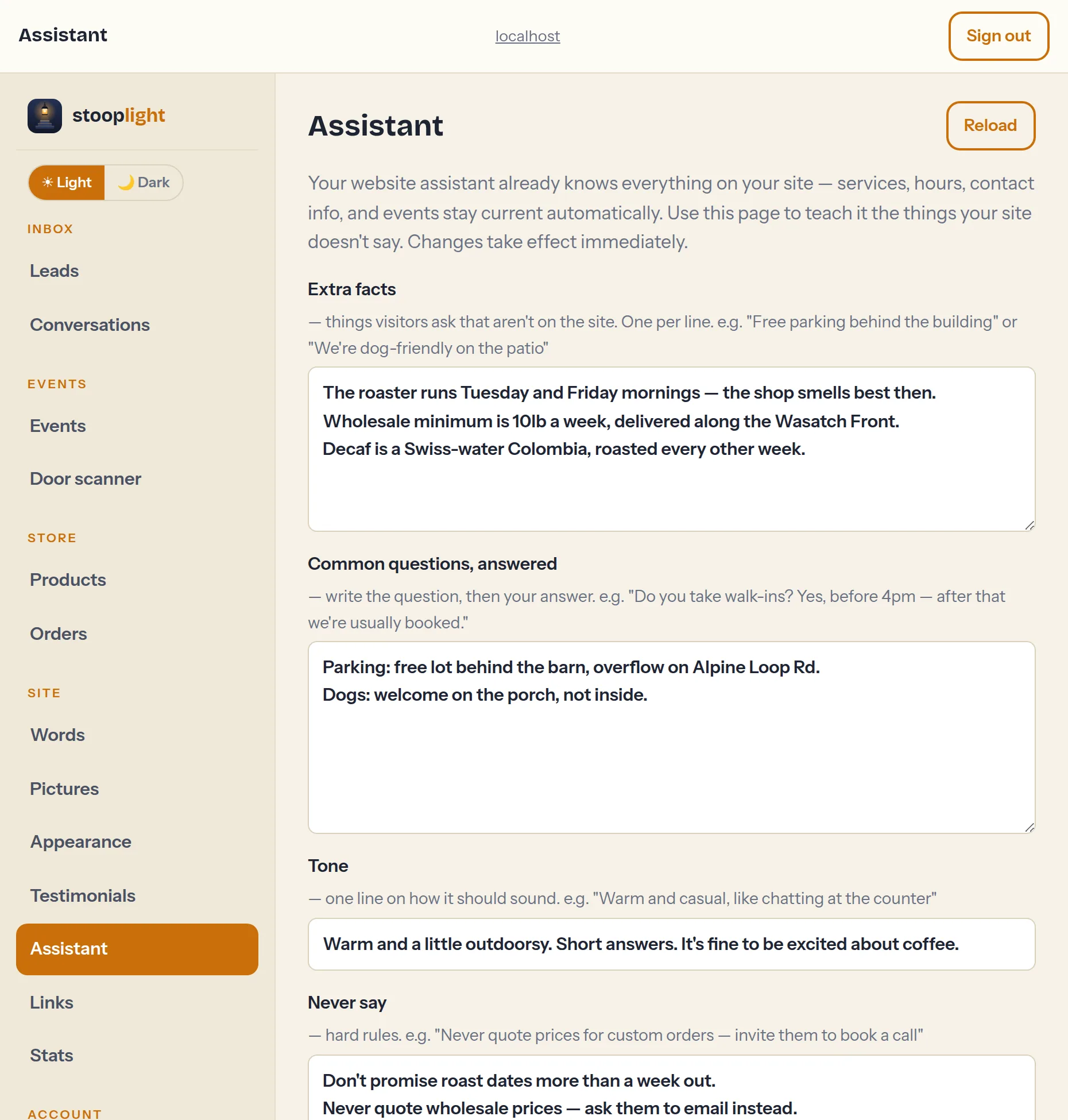 The Assistant tab — extra facts, tone, hard rules, and a live test box