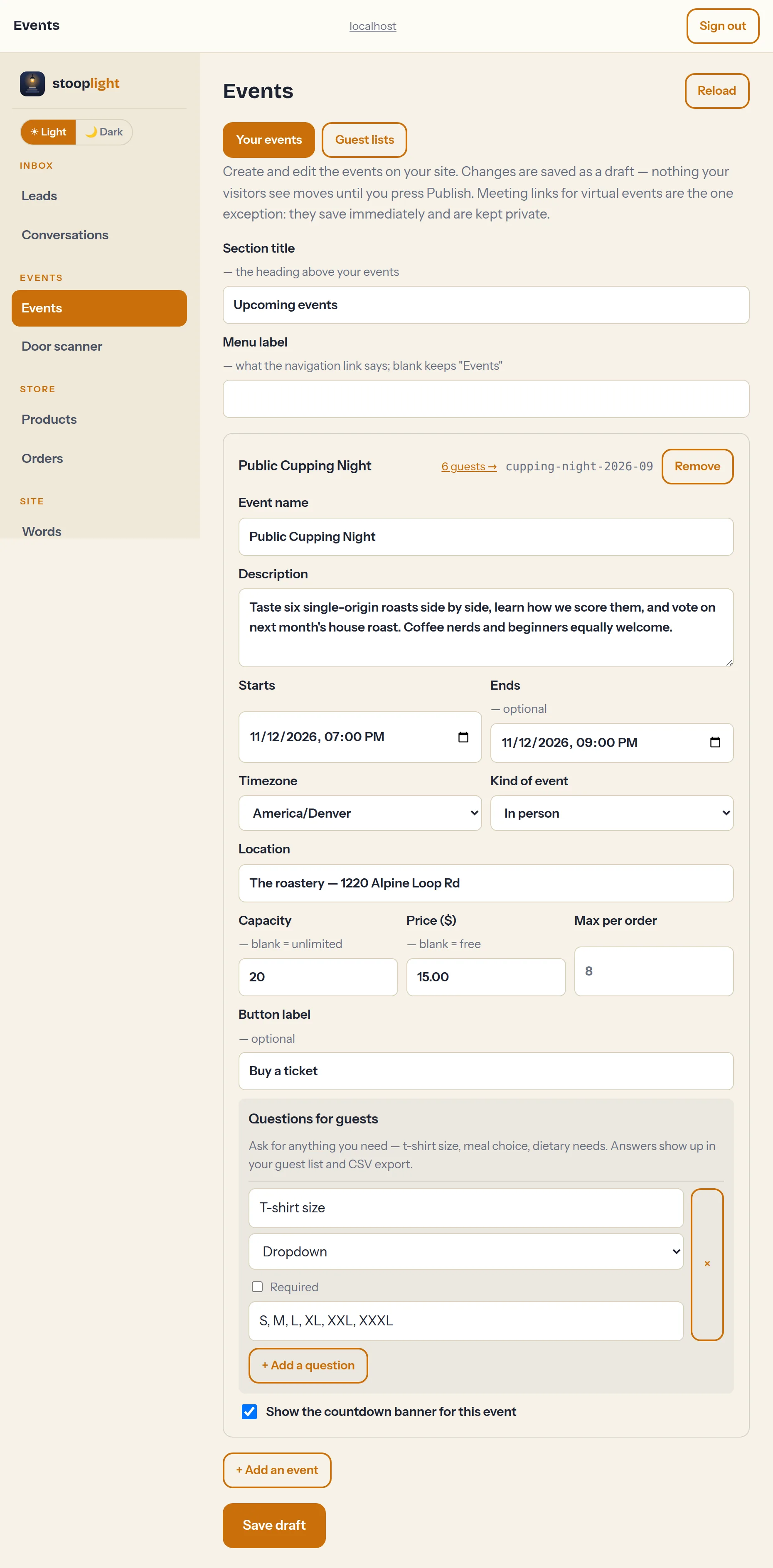 The Events tab — the full event editor