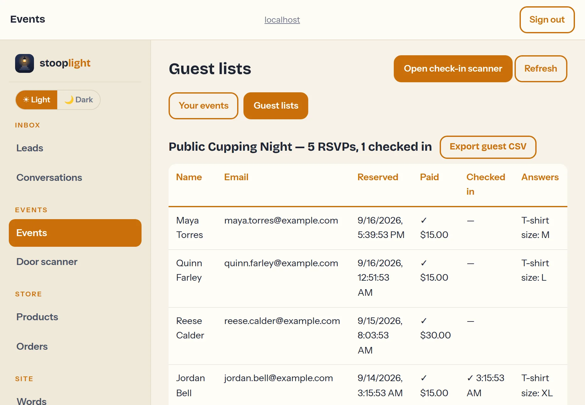 Guest lists — who's coming, who's checked in, and event feedback