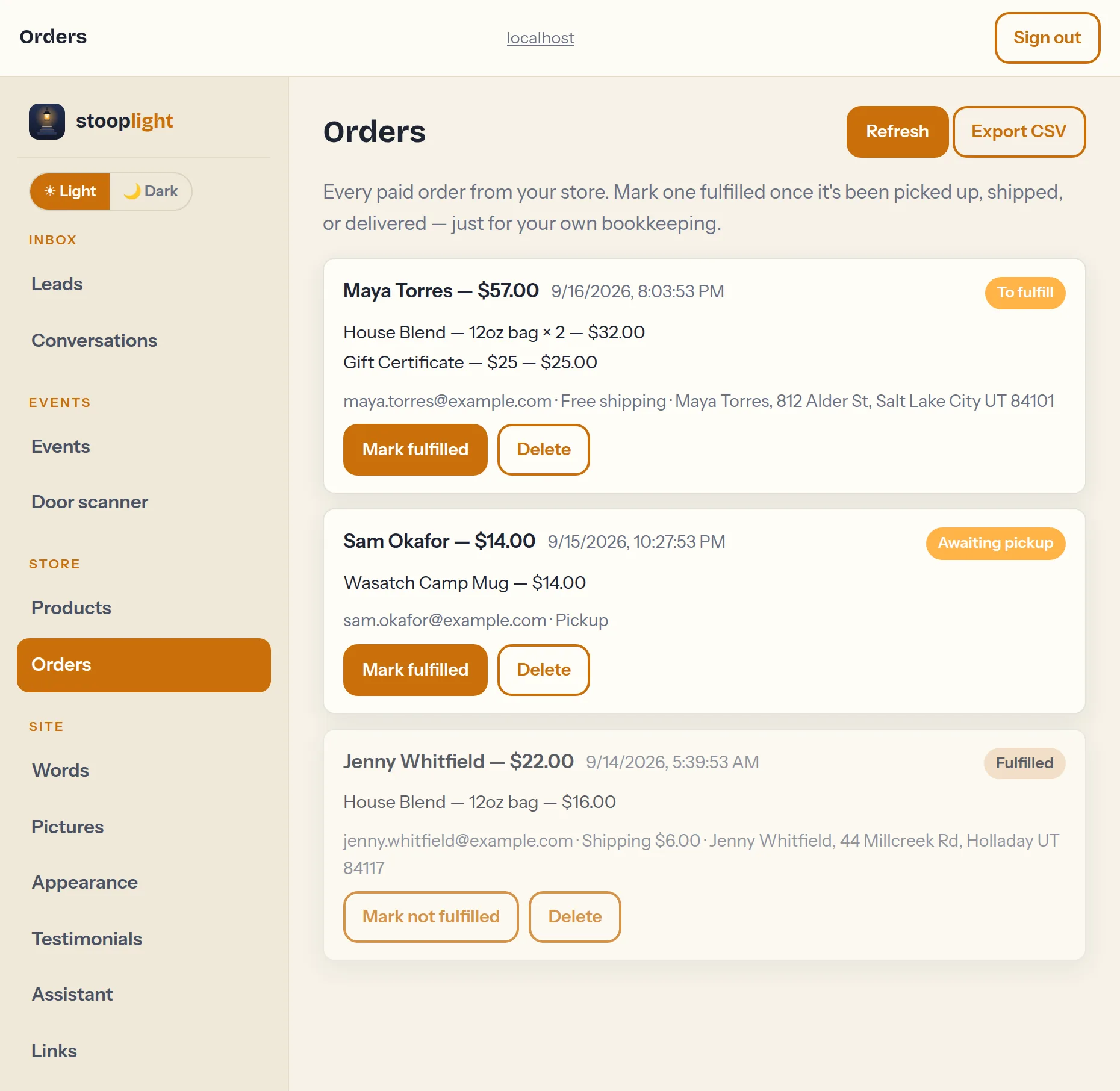 The Orders tab — each order with items, total, shipping address, and a Mark fulfilled button