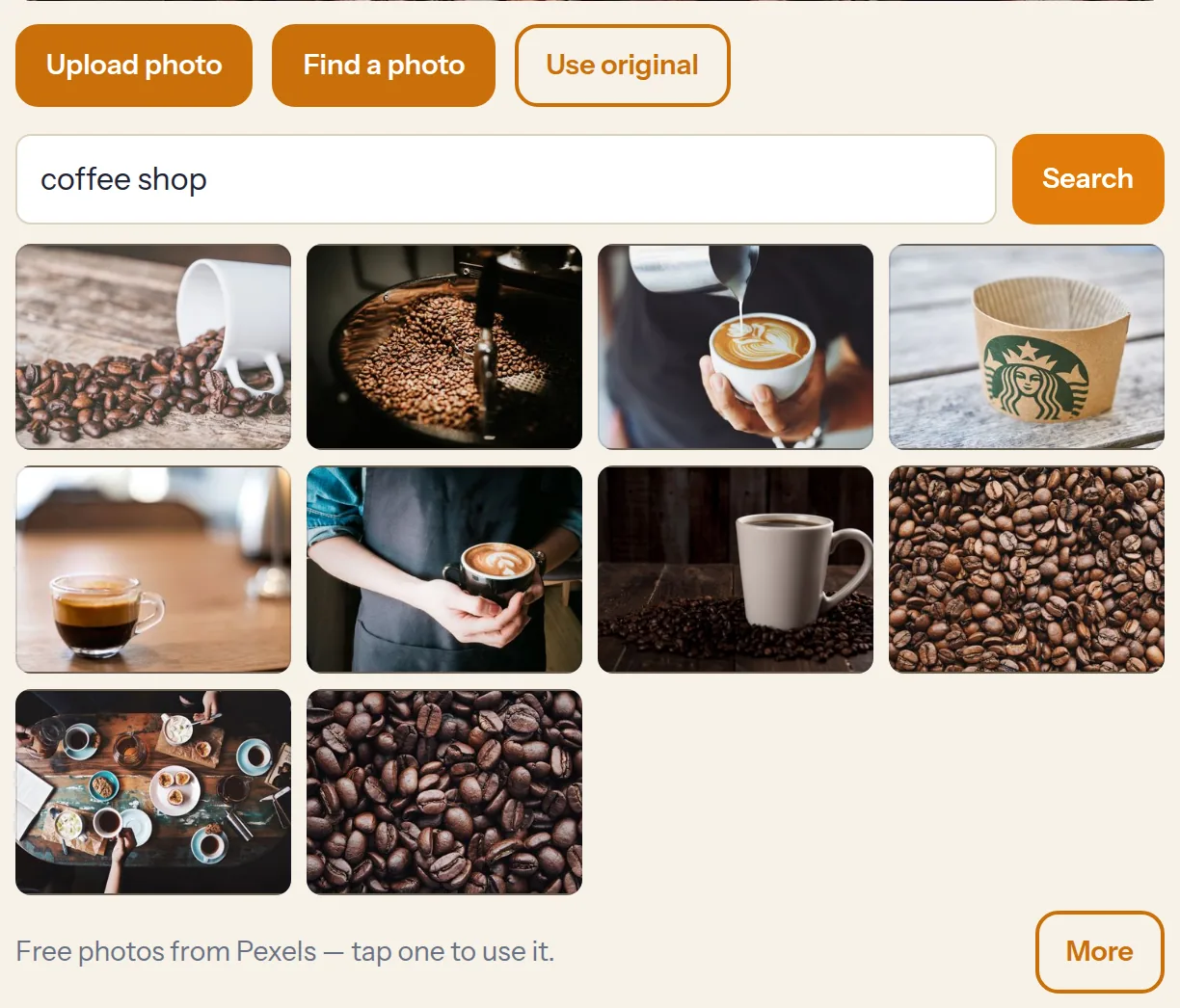 Searching free stock photos from the Pictures tab