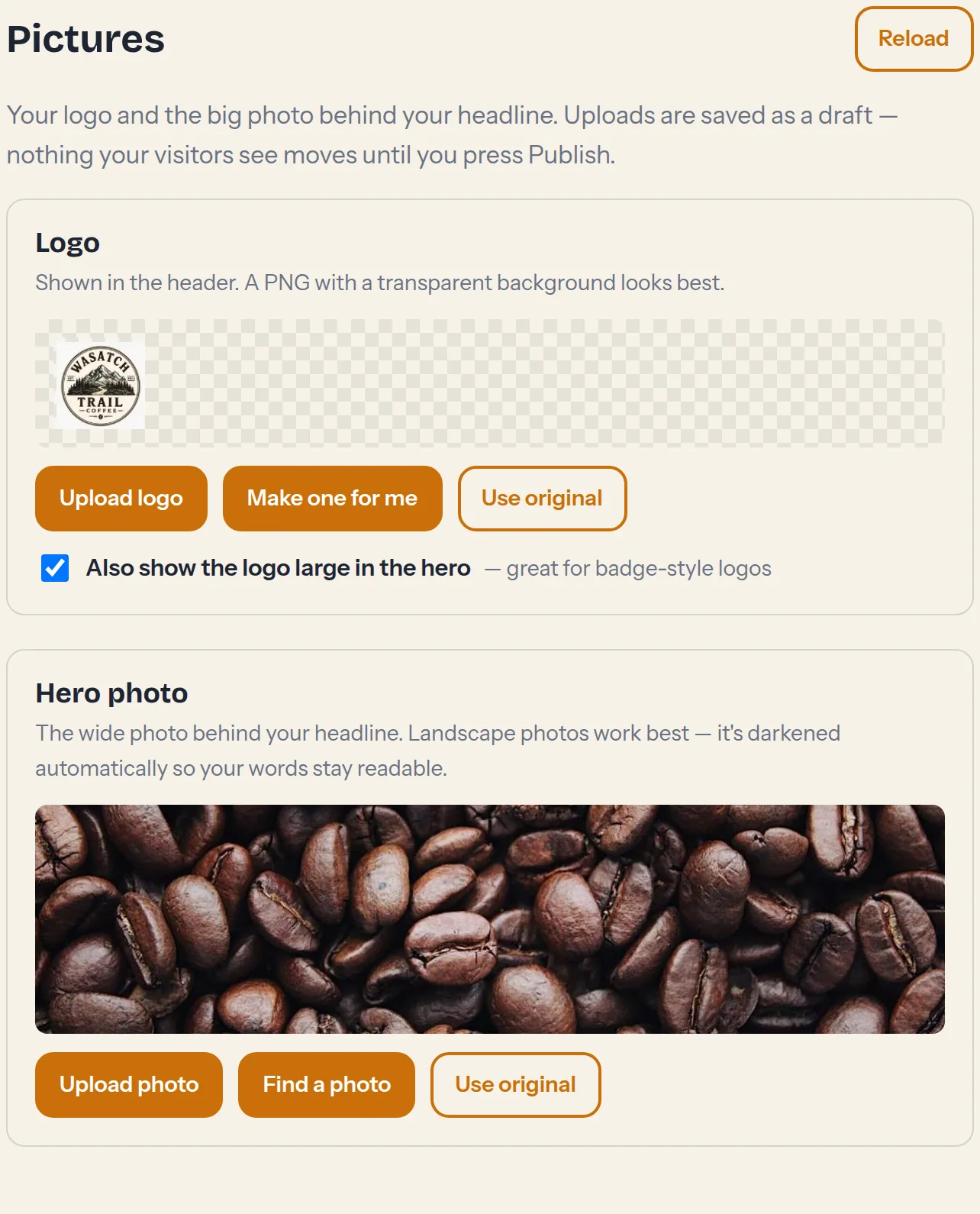The Pictures tab — logo and welcome photo