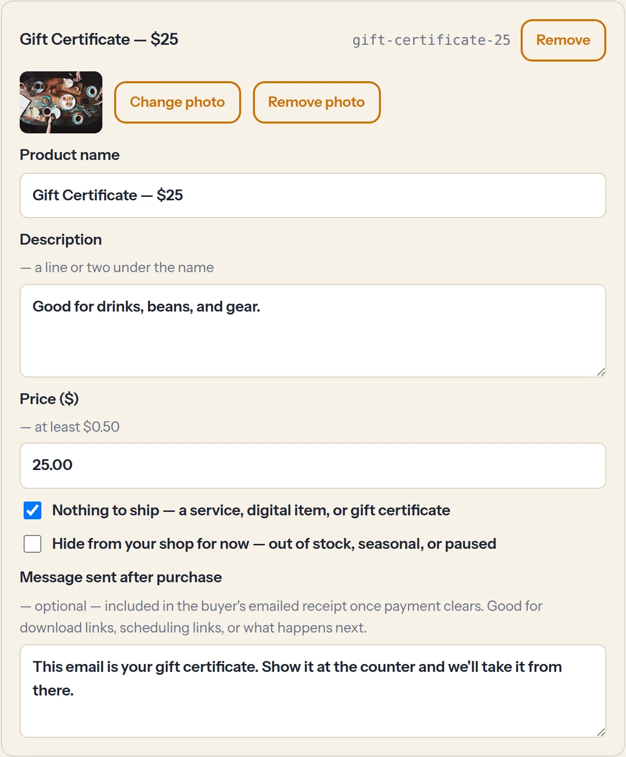 A gift certificate product with 'Nothing to ship' checked and an after-purchase message filled in