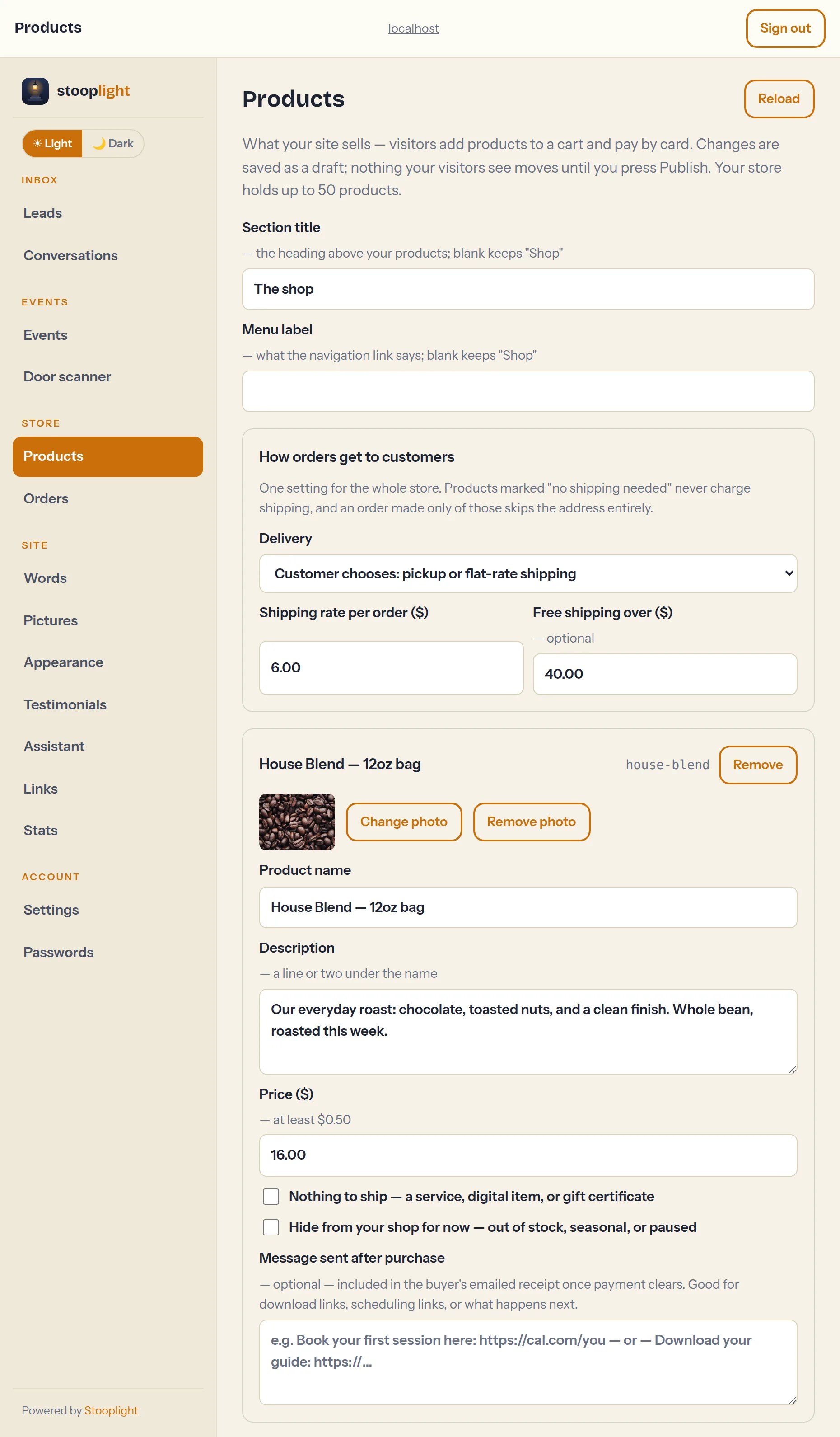 The Products tab — shipping settings and a product being edited with photo, price, and description