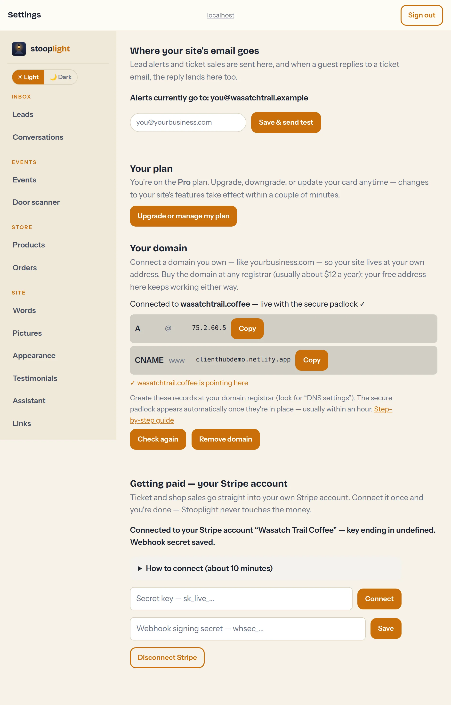 The Settings tab with the Getting paid card for connecting a Stripe account