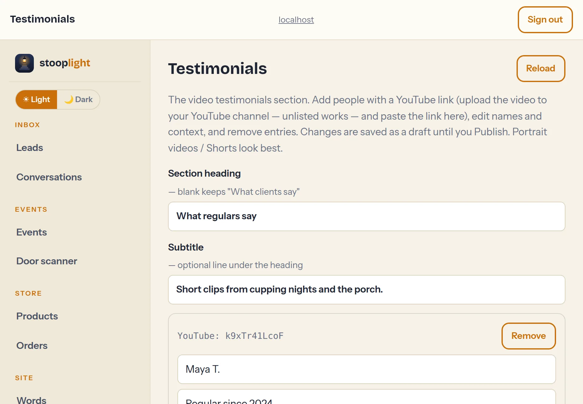 The Testimonials tab