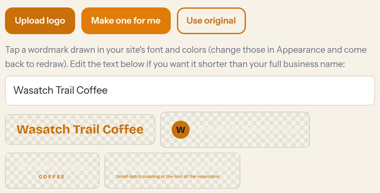 Tappable wordmark logo choices drawn from the business name