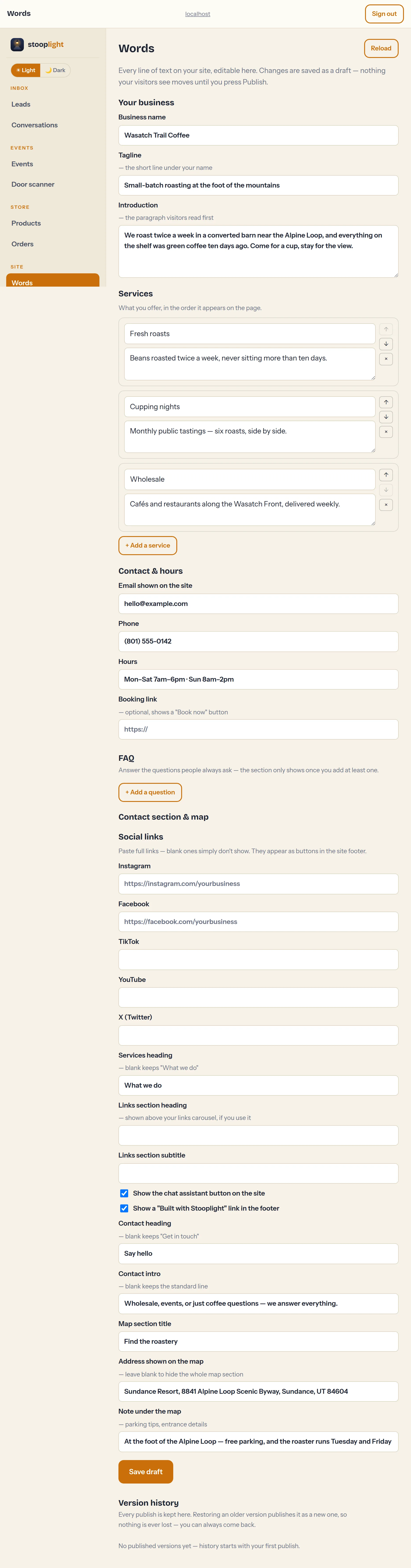 The Words tab — every line of text on the site