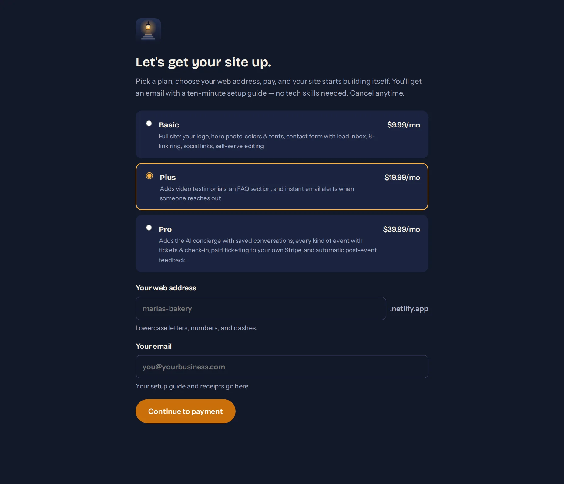 The signup page: plan, web address, email