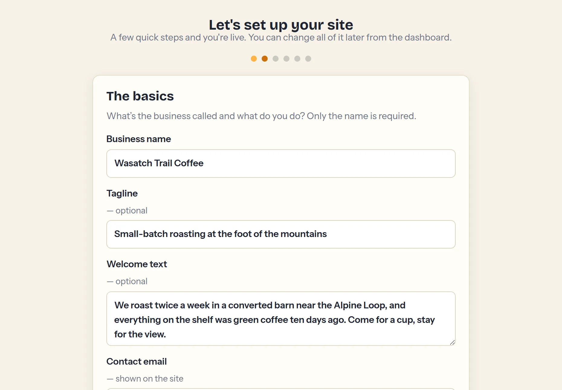 Step 2 — business name, services, contact details