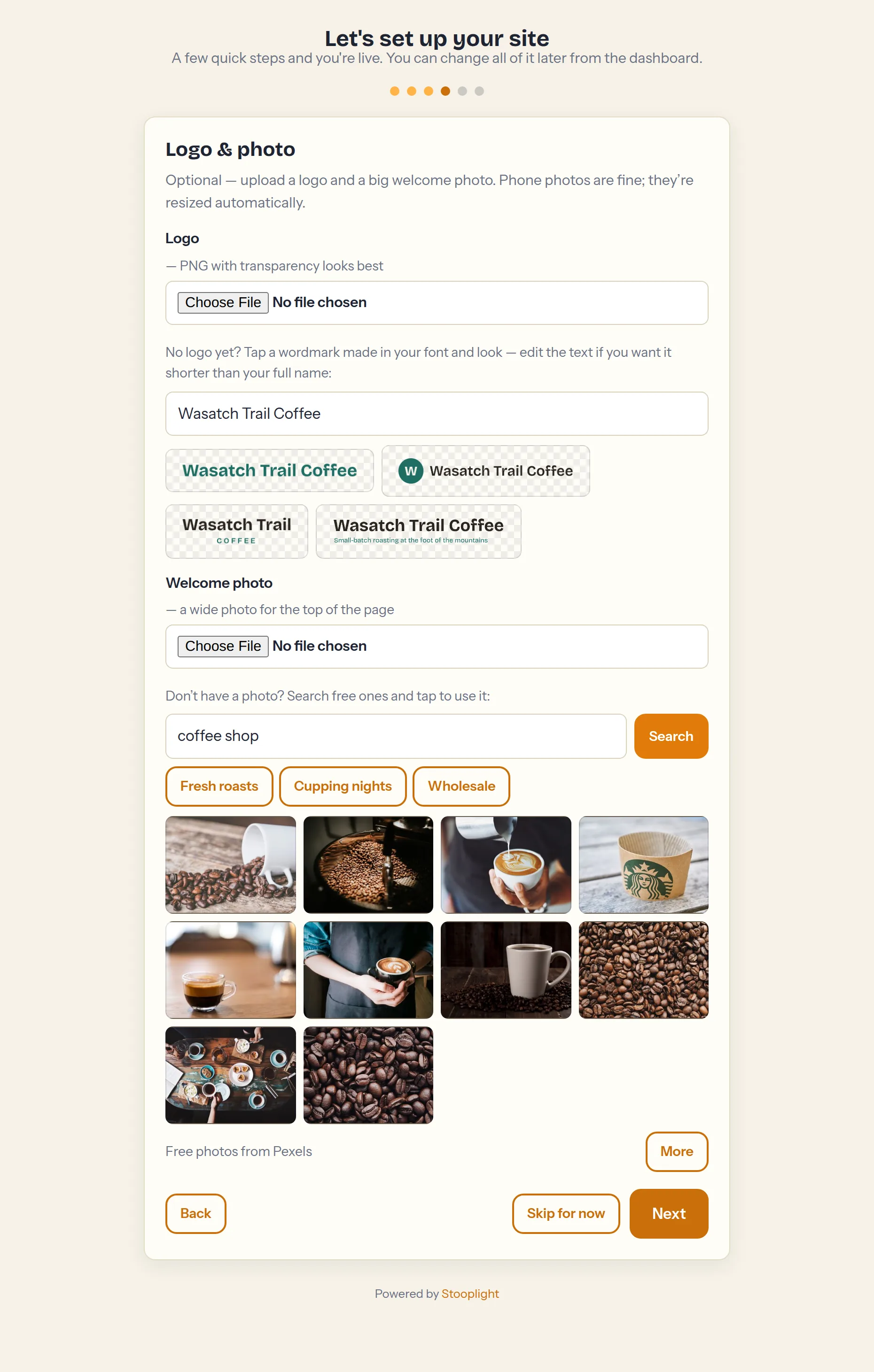 Step 4 — logo and welcome photo, with free photo search and a logo maker (optional)