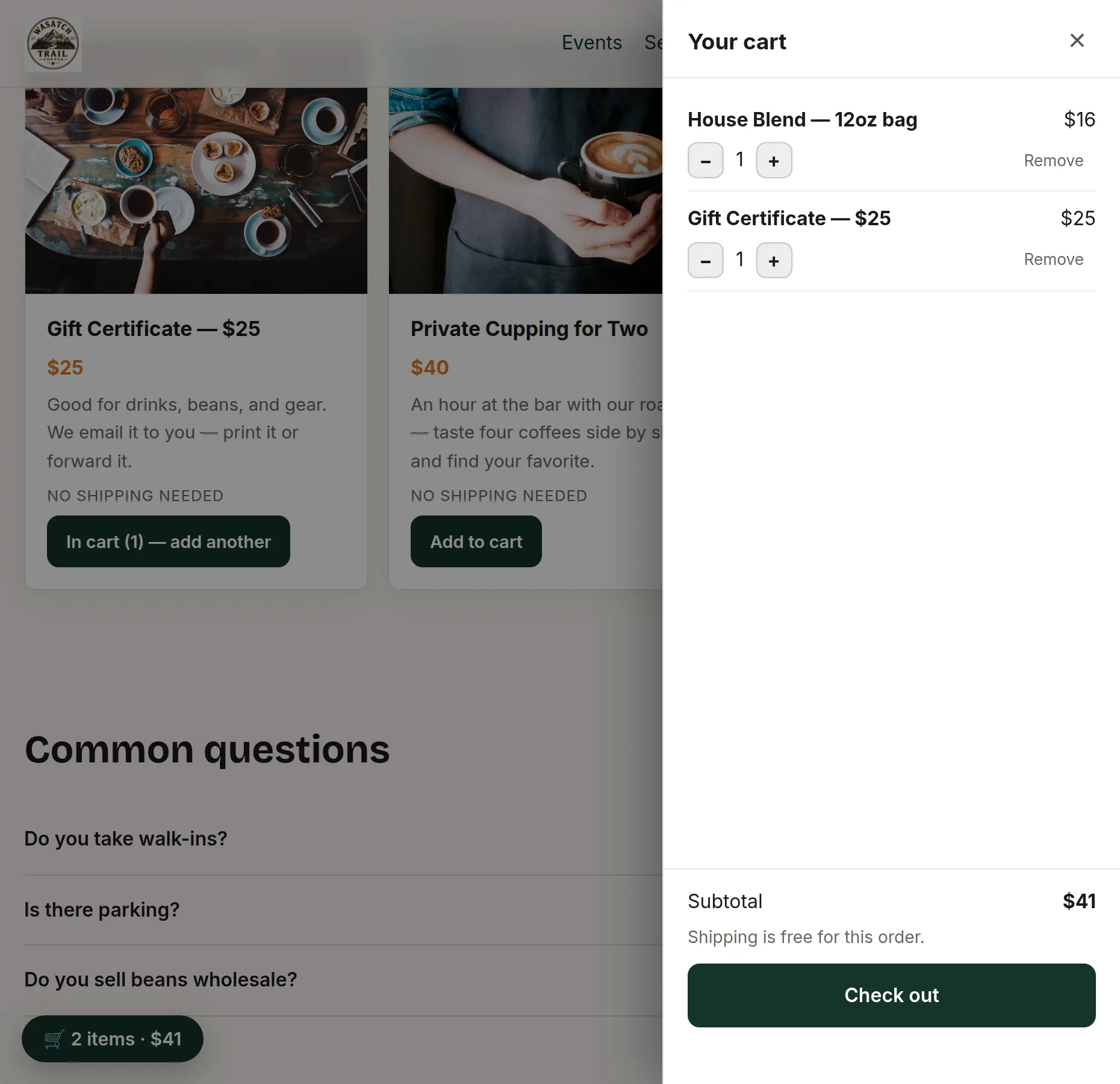 The cart drawer on a live site with items, subtotal, shipping note, and a Check out button