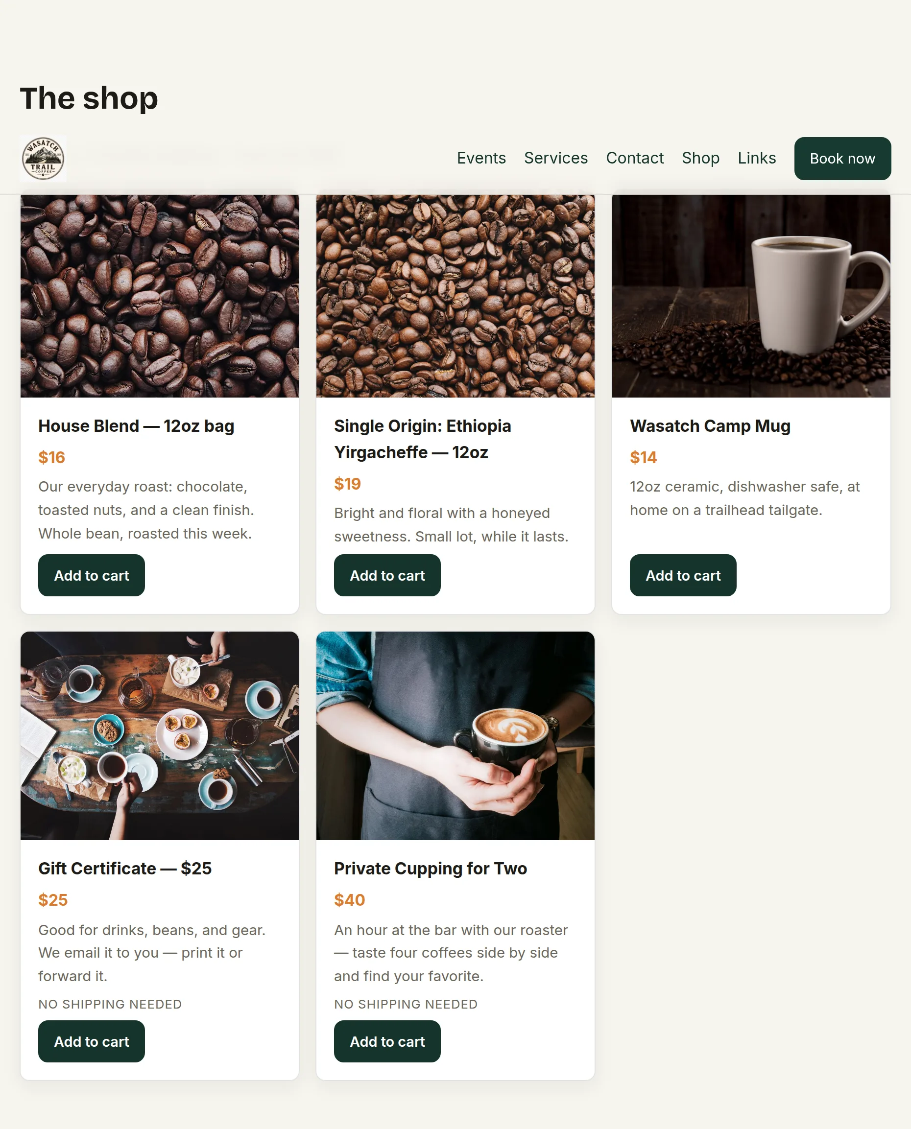 A shop section on a live site — product cards with photos, prices, and Add to cart buttons