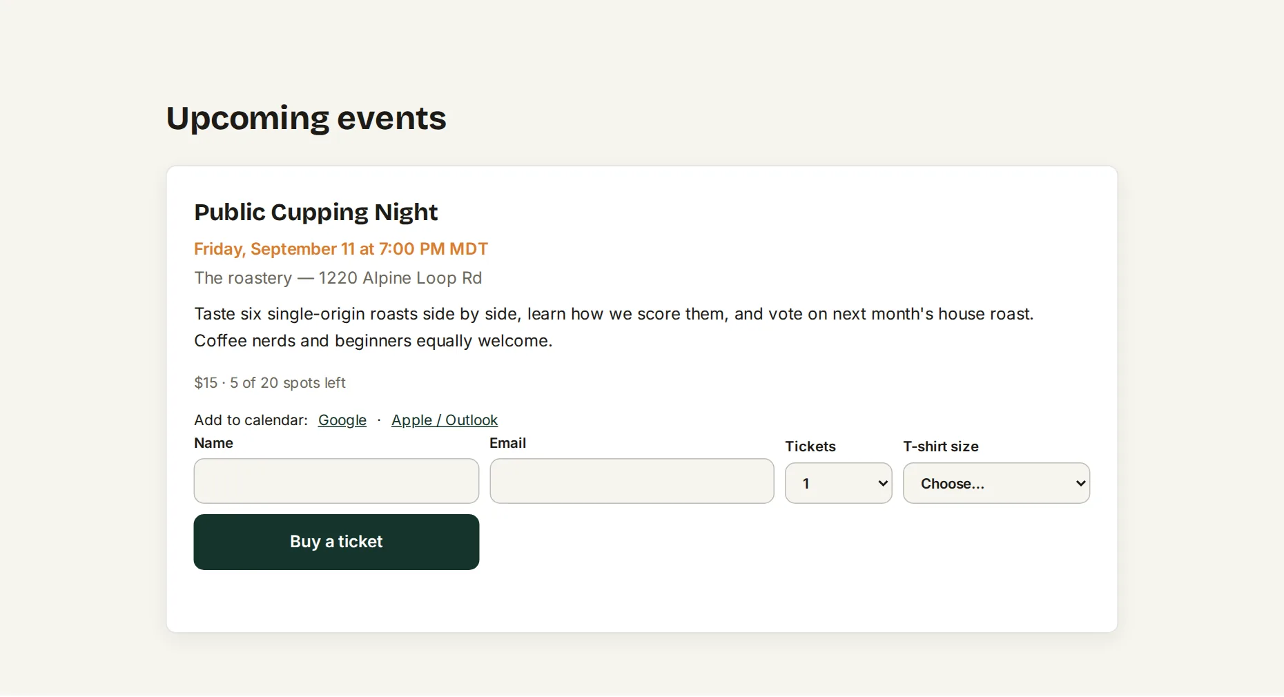 An event on the public site with its RSVP form