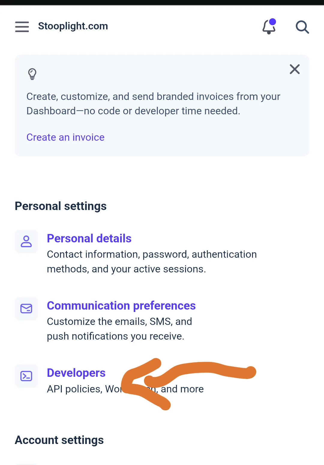 Stripe's settings page with an arrow at Developers under Personal settings