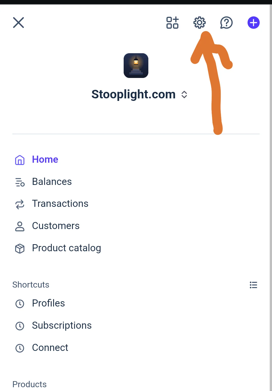 Stripe's menu with an arrow at the settings gear at the top