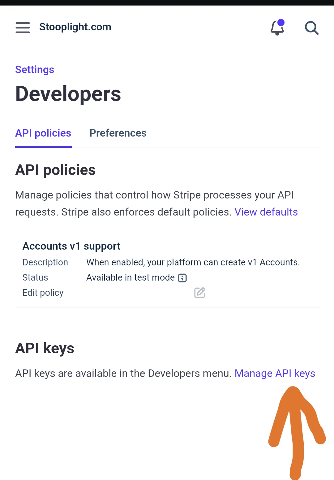 The Developers page with an arrow at the Manage API keys link
