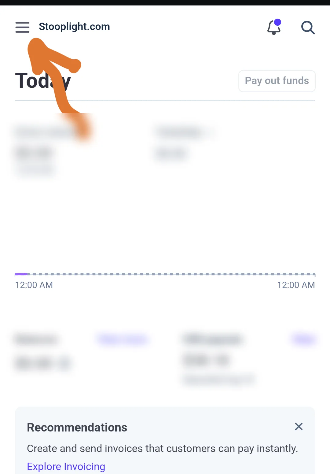 The Stripe dashboard with an arrow at the menu button, top left