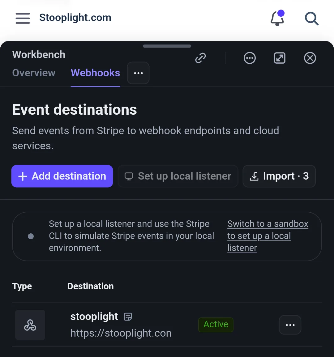 The Workbench Webhooks tab showing Event destinations and the Add destination button